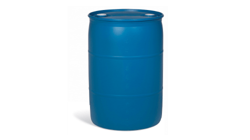 A single blue industrial drum of lubricant oil against a white background.