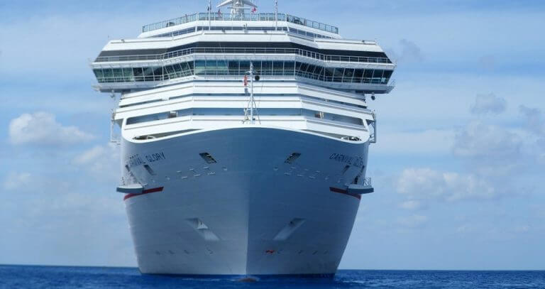 A majestic cruise ship commands the seas under a vast blue sky, offering a sense of adventure and luxury on the open waters.